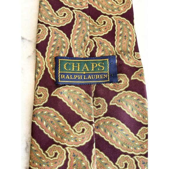 Chaps Ralph Lauren Men’s Silk Necktie Paisley Burgundy Green Tan - Picture 4 of 5